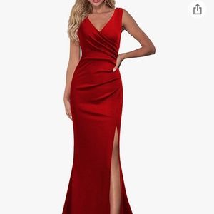 WOOSEA Women Sleeveless V Neck Split Evening Cocktail Long Dress Red - XL